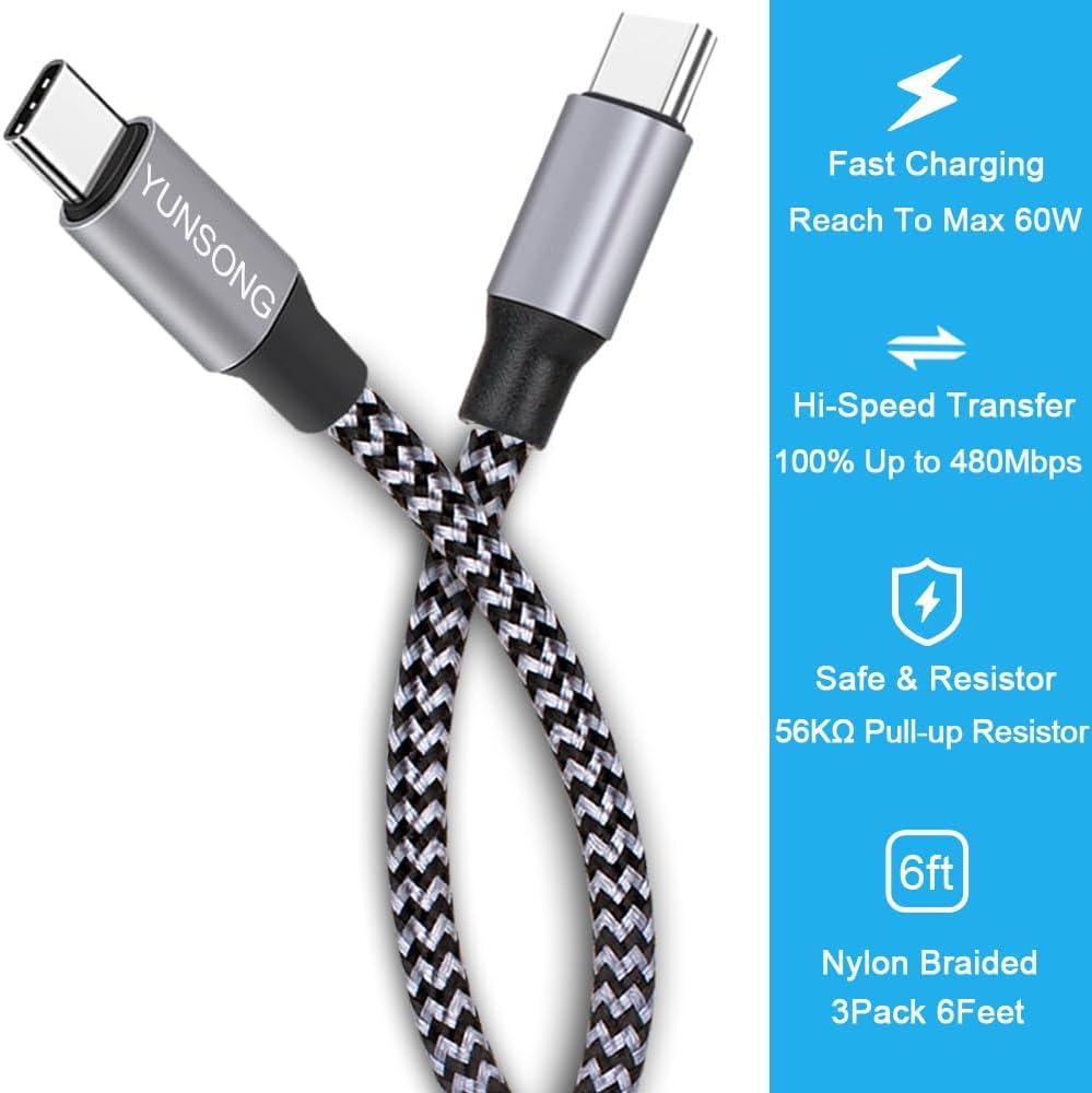 USB C Cable, 2 Pack 6FT USB c to USB c Cable Nylon Braided Type C PD 60W Fast Charging for iPhone16 15 iPad mini 6 and More (USB C to USB C (for iPhone 16 15))