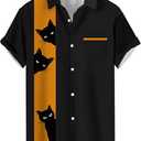 QIVICIMA Cat Shirt for Men Button Down Shirts Loose Fit Tops Short Sleeve Cat Lovers Cute Bowling Shirts Cat Print Tops L