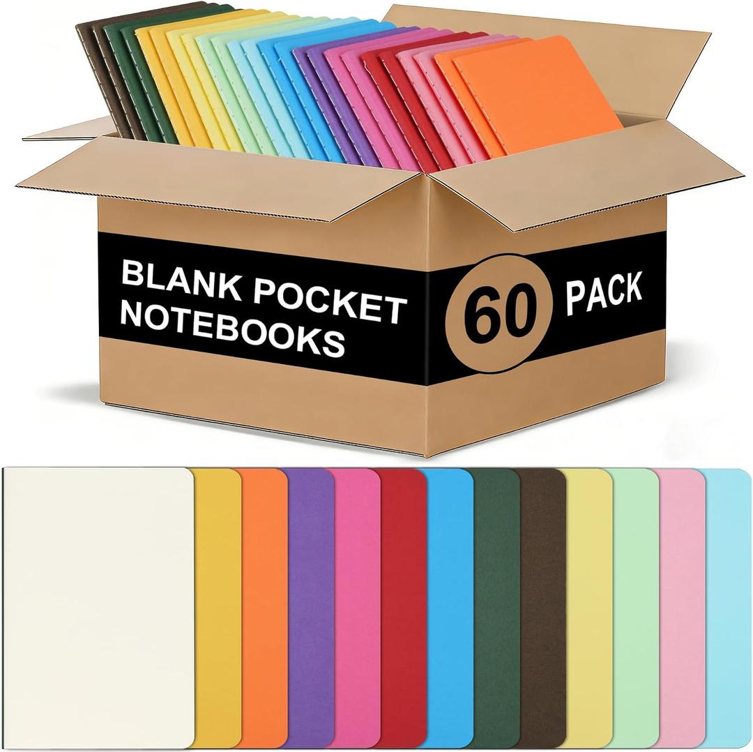 ZCZN 60 Pack Mini Pocket Notebooks Bulk, 3.5 X 5.5 Inches Mini Journals, 30 Sheets/60 Pages, Colorful Cover Notepads for Writing, Planing, Work, Memo (60, Plain)