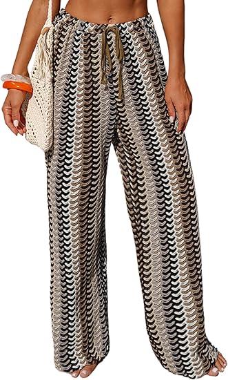 ZAFUL Womens Beach Cover Up Pants Sexy Crochet Drawstring Elastic Boho Swimsuit Cover Up Long Pants Beach Wear Brown L