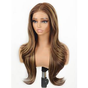 Honey Brown Lace Front Highlight Wig 13x4 HD Glueless Highlight Synthetic Lace Wigs for Beginners Brown Layered Wave Wig for Women 26inch