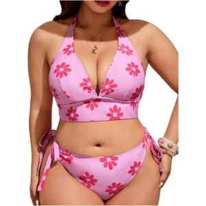 OYOANGLE Women's Plus Size Floral Print Bikini Set Backless Halter Tie Side Thong Beach Swimsuit (3X-Large Plus, Pink)