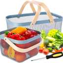 Dualshine 2 Pack Garden Harvest Basket, Metal Mesh Wire Picnic Basket with Handle, Rectangle Garden Baskets for Gathering Vegetables, Fruits, Kitchen, Home Cabinet Closet and Office(Blue)