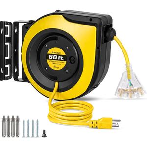 SURAIELEC 12 Gauge Extension Cord Reel, 60 FT Retractable Extension Cord, 12 AWG/3C SJTOW Heavy Duty Power Cord, 15 AMP Circuit Breaker, Lighted Triple Tap, Ceiling or Wall Mount, UL Listed