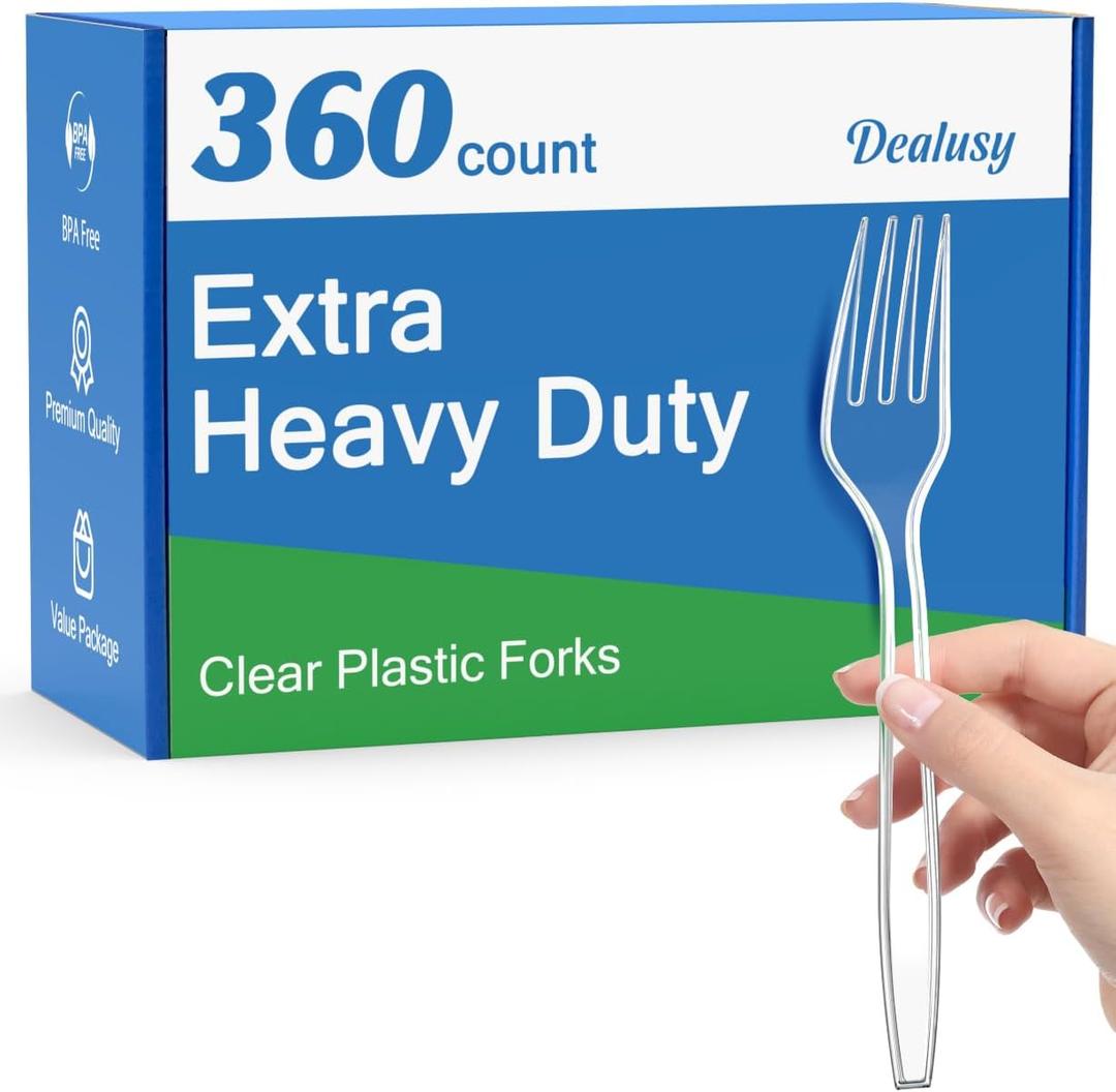 360 Count Extra Heavy Duty Clear Plastic Forks Disposable, BPA-Free, Heat Resistant, Solid and Durable Disposable Forks Bulk, Premium Plastic Forks heavy duty for Party Supply (Clear)