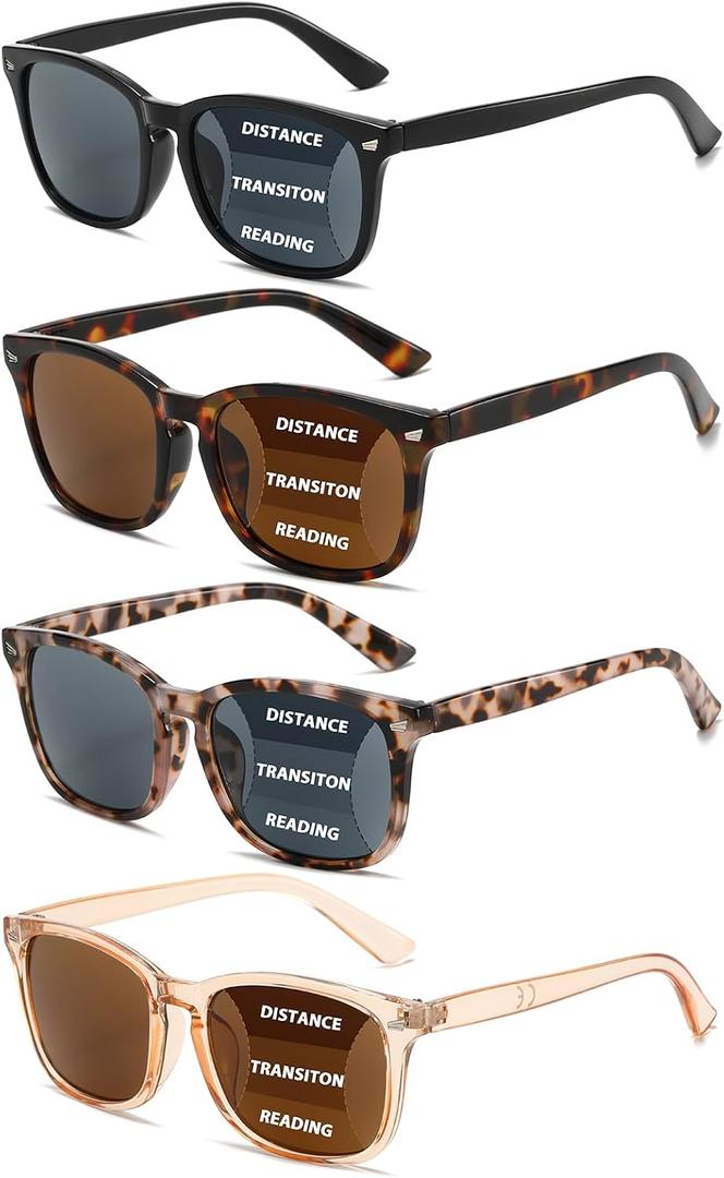 4 Pack Progressive Reading Sunglasses for Women Men, No Line Square Multifocal Sun Readers UV400 Protection 1.75x