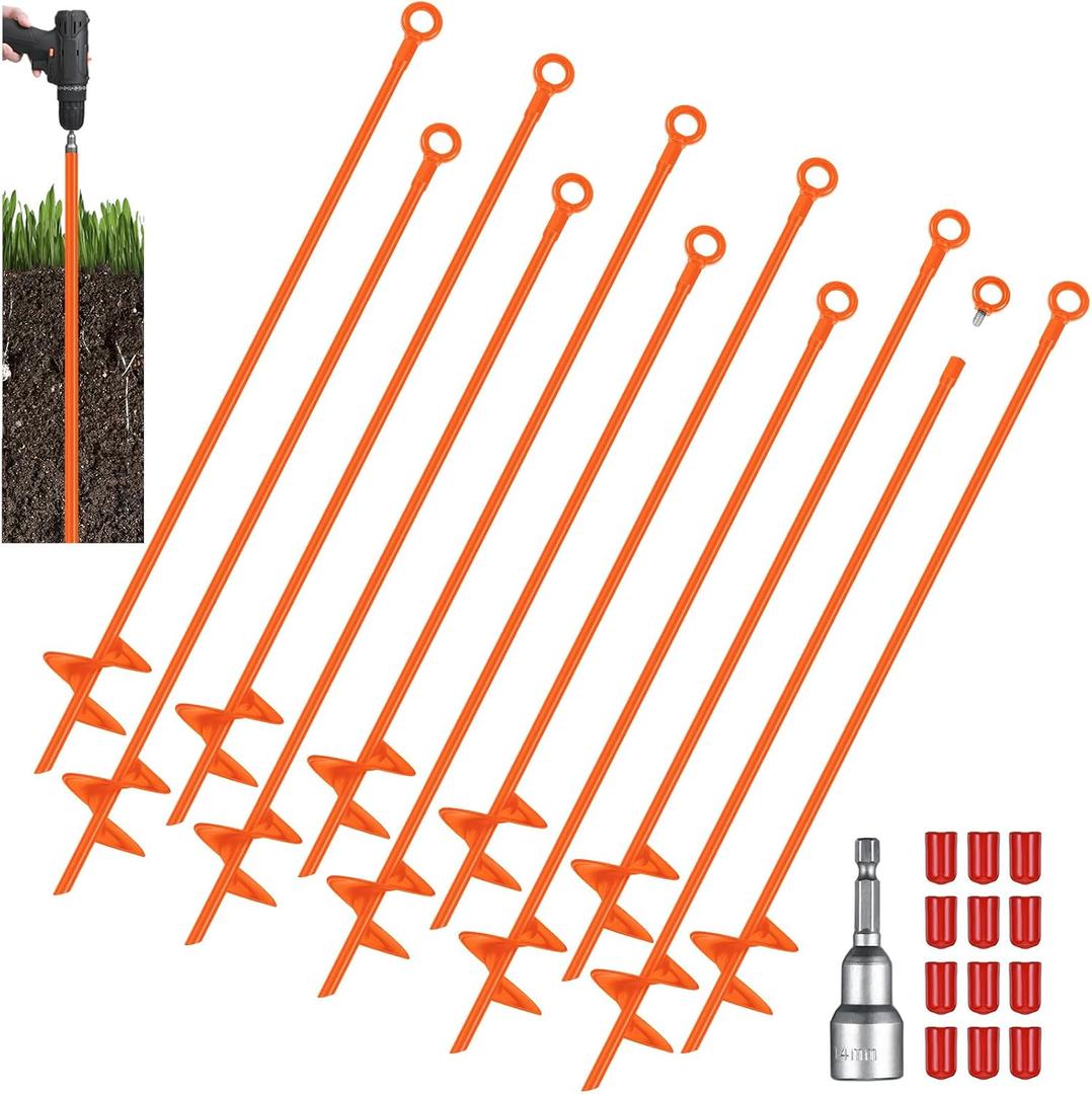Lasnten 12 Pcs 30 Inch Heavy Duty Ground Anchor Spiral Blade Earth Anchor Kit Metal Anchor Hook Beach Sand Stakes Camping for Securing Animals, Shelters, Tents, Canopies (Orange)
