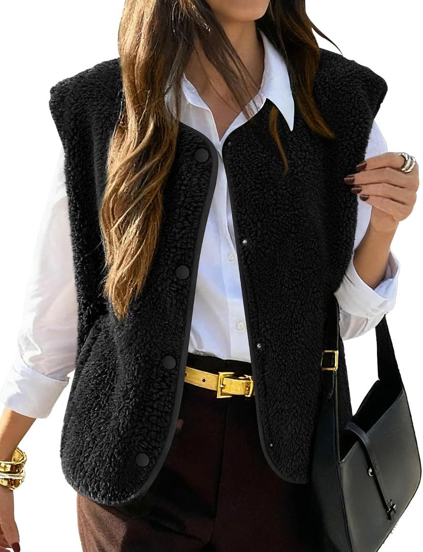 KIRUNDO Women's Fall Winter Fleece Vest 2025 Trendy Sleeveless Sherpa Jacket Button Down Open Front Fuzzy Warm Outerwear (Blue)