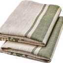 Pure Linen Kitchen Tea Towels - 100% Flax Linen Dish Towels 17 x 27 inch with Olive Green French Country Stripes - Flax Hand Towels - Set of 2