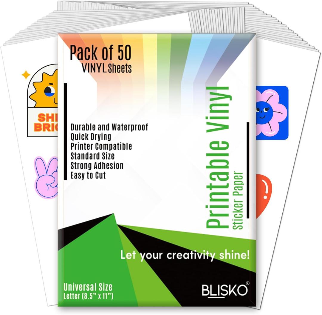 Printable Vinyl Sticker Paper - 50 Sheets 8.5x11 Sticker Paper for Inkjet Printer, Quick-Drying, Waterproof, Vivid Colors & Tear-Resistant, Easy to Cut, Cricut Compatible, DIY Sticker & Labels