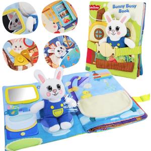 Busy Book for Toddlers 1-3, Montessori Quiet Book with 12 Activities and Attached Bunny, Soft Toddler Busy Board for Fine Motor Skills, Travel Toy Gift for 1+ Year Old Boys Girls