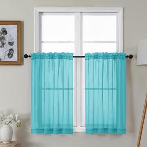 Gwine Turquoise Sheer Kitchen Curtains 36 Inch Length, Light Filtering Voile Soft Airy Small Cafe Curtains, Short Window Curtain for Bathroom Basement, 42x36 inch, 2PCS
