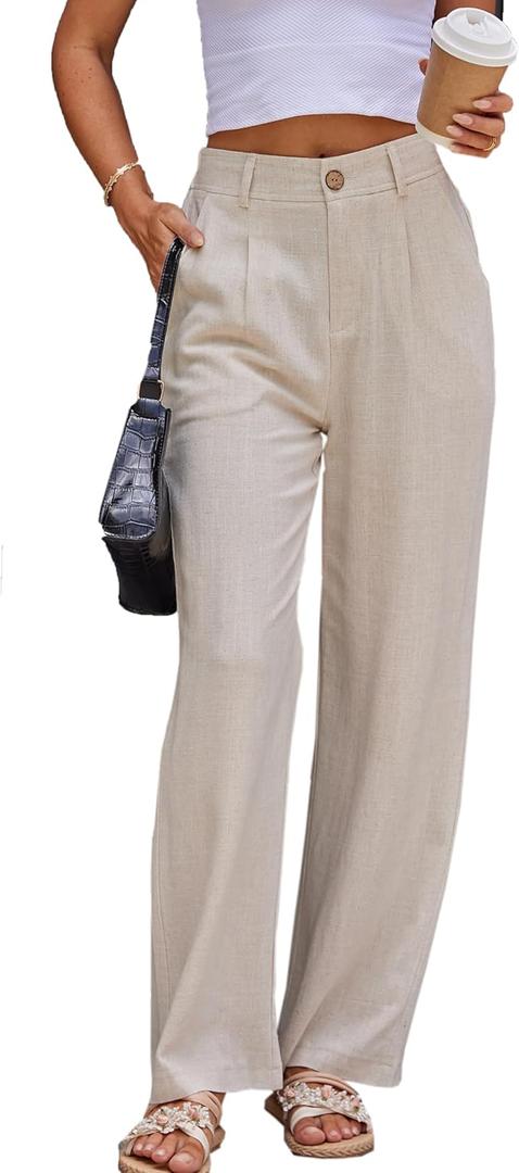 Fakanhui Women's Linen Dressy Work Casual Pants Summer Business Straight Wide Leg Cotton Linen Trouser Pants, M