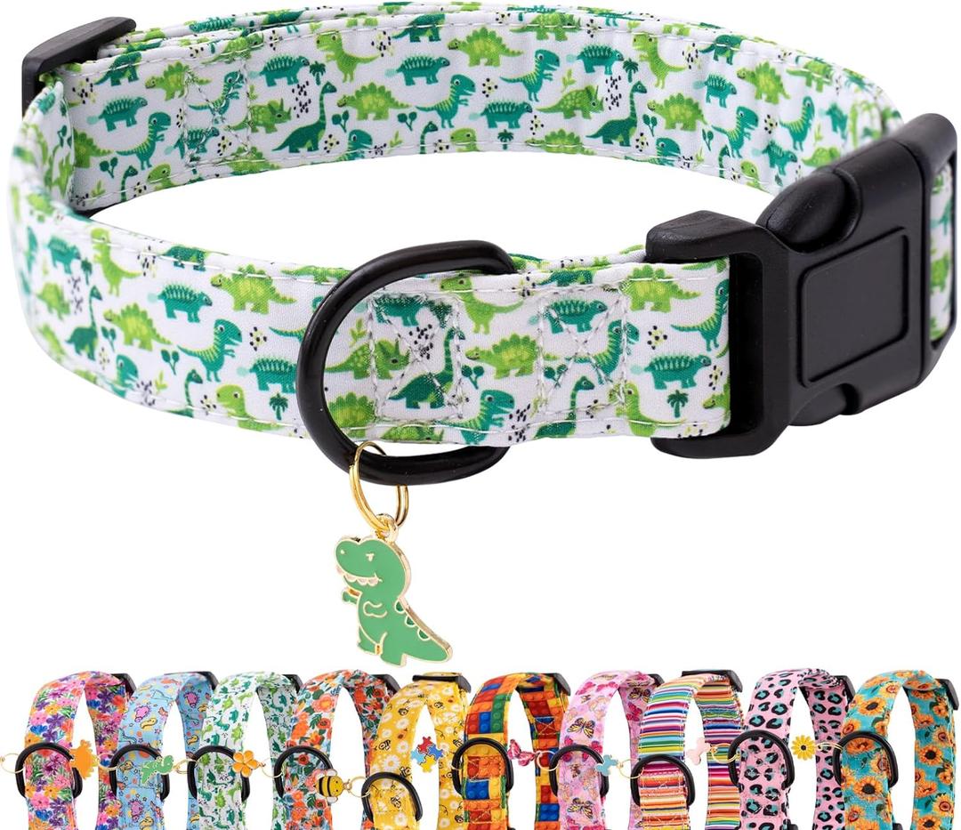 Faygarsle Dog Collar for Small Medium Large Dogs Cute Green Puppy Collars for Male Dogs Dinosaur Patterned Pet Collars for Summer Spring Wedding Puppy Boy Dog Collar XS