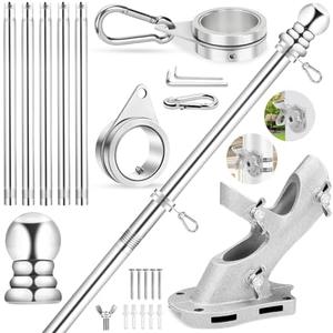 REERON Flag Pole for House, 6 FT Stainless Steel Spinning Flag Pole Kit, 1" Rustproof Porch Flagpole with 360° Tangle Free Metal Flagpole Rings & 2-Position Bracket for Outdoor Sport for 3x5 Flags