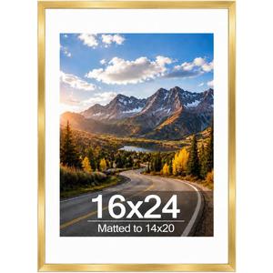 Wood 16x24 Picture Frame with 14x20 Mat Gold, Display 14x20 with Mat or 16x24 Without, Wood 16 by 24 Photo Frame, 16 x 24 Frame for Wall Hanging Display, Gold
