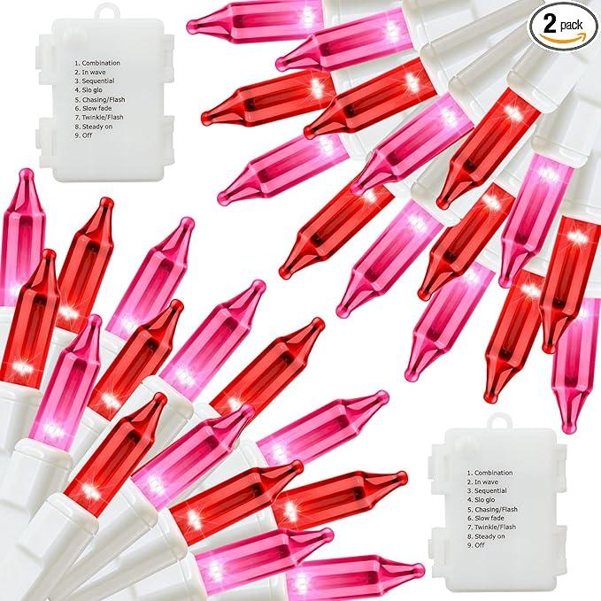 100 LED 2 Pack Red Pink Valentines Day Lights, 17.4Ft Battery Operated Mini String Lights with 8 Modes & Timer Waterproof Lights for Patio Garden Party Wedding Valentine's Day Decorations