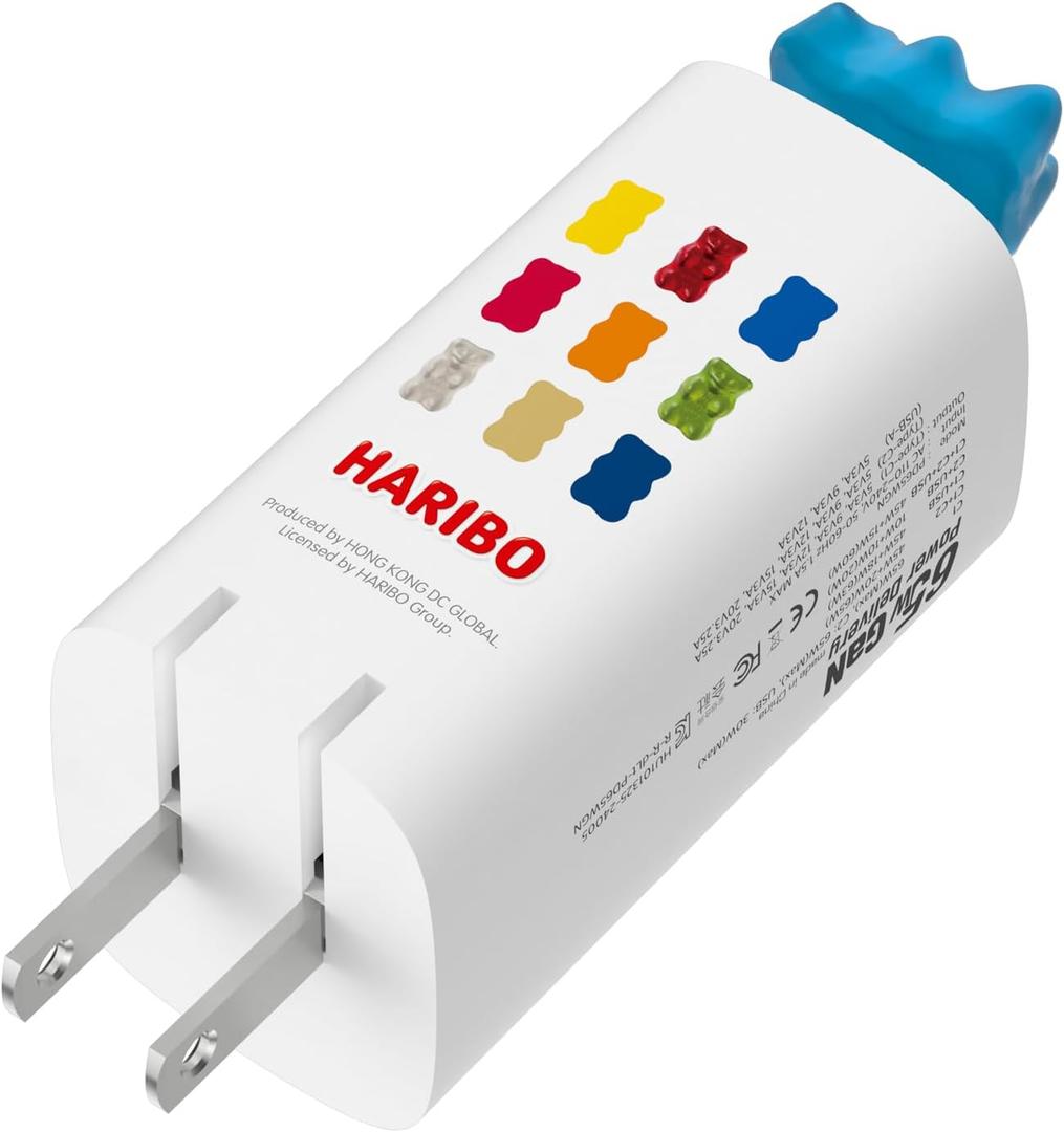 Haribo 65W GaN Wall Charger, PD & QC 3.0 Fast Charging Block, 3-Port USB-C/USB-A Adapter, Gummy Bear Style for iPhone, Galaxy, Pixel, iPad, Earbuds, Switch, Motorola, Kindle (Blue)