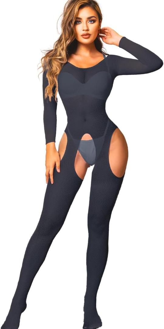 Kaei&Shi Fishnet Bodysuit For Women Fit 0-18, Sexy Long Sleeve Bodystocking, Plus Size Exotic Sheer Lingerie Glow Rave Outfit (Grey), One Size