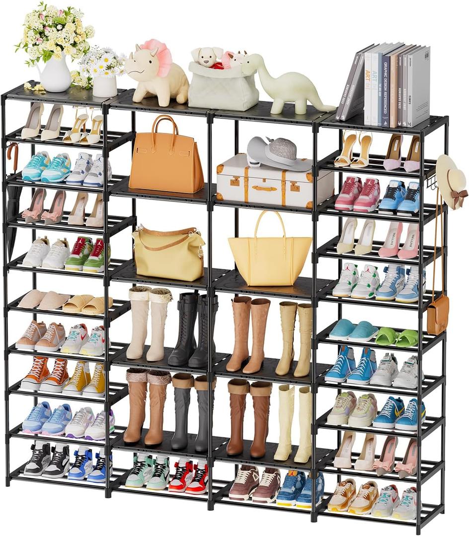 Metal Shoe Rack Organizer for 56-64 Pairs, 4 Row 10-Tier Large Capacity Shoe Storage Shelf for Entryway, Closet, Bedroom, Black