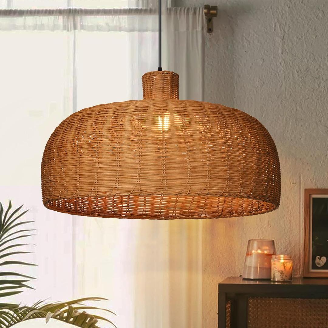 Arturesthome 23.6in Large Rattan Pendant Light for Dining Room, Boho Pendant Light Wicker Pendant Lamp Shade Ceiling Hanging Lighting Fixture for Kitchen Island Foyer, 23.6″W x 13.75″H