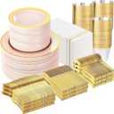 GATHER 700PCS Pink Plastic Plates - Gold Rim Disposable Plastic Dinnerware Set Include 200 Pink Plates, 300 Silverware, 100 Napkins, 100 Cups for Party & Wedding