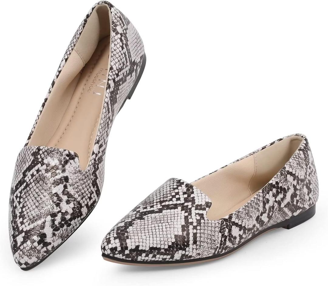 MUSSHOE Black Flats for Women Pointed Toe-Comfortable Business Casual Work Shoes, Dressy Suede Slip On with Memory Foam for Office, Teacher & Standing All Day (9.5, Snakeskin)