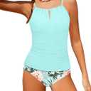 Girls Swimsuit Halterneck 2 Piece Girl Swimsuit with Floral Print Shorts Ruched Girls Tankini Swimsuit 11-18 Years (Lake Blue)