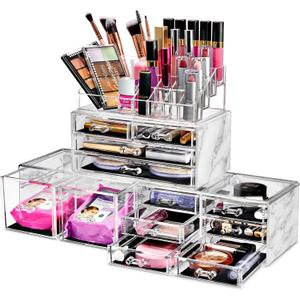 Sorbus Large Makeup Organizer - Clear Stackable Jewelry & Makeup Organizer For Vanity, Bathroom Storage, Dresser - 12 Drawers Cosmetic Beauty Organizers and Storage with Lipstick, Makeup Brush Holder (Marble)