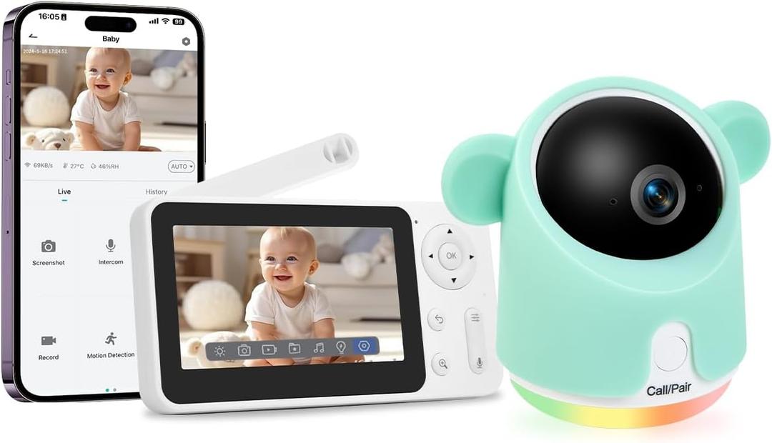 Baby Monitor with Camera and Audio, 1080P Baby Camera Monitor WiFi Smartphone App Control Night Vision 4.3 Screen 2-Way Talk Temperature & Humidity Sensor Lullabies Motion & Cry Detection iOS/Android (Green)