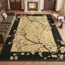 8x10 Area Rugs for Living Room, Oriental Floral Birds Large Washable Rug for Bedroom, Soft Low Pile Non Slip Carpet for Dining Room Kids Room Farmhouse Office Home Decor, Black Gold