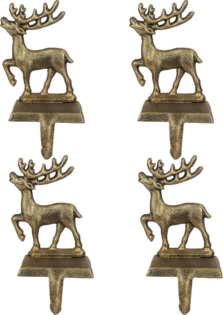 4 Pcs Stocking Holders, Reindeer Pattern Metal Mantel Hooks, Anti-Slip Heavy Duty Solid Cast Iron Mantle Hangers Xmas Decor for Fireplace Holiday Indoor Decoration