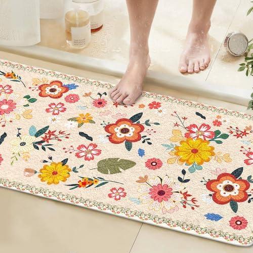 Long Bathroom Runner Rug 60x120CM Beige, High Absorbency Bath Mat Slip-Resistant Washable Floral Bath Mat for Bathroom Kitchen Laundry Room - Modern Flowers Pattern Carpets