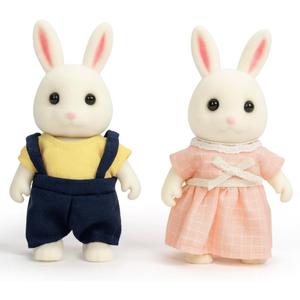 Family Cream Rabbit Figures  Set of 2 Collectible Flocked Mini Dolls with Removable Clothes, Miniature Dollhouse Pretend Play Figures for Kids Ages 3+