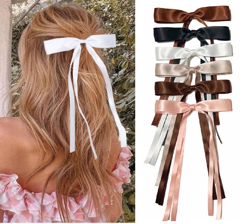 Cute Hair Accessories: Bow Hair Clips, Ribbon Barrettes with Long Tails and Tassels for Girls - 6PCS Fashion Set (Daily Essentials - Neutral Set)