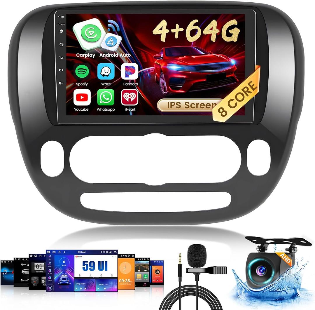 8-Core 4+64G Android 15 Car Stereo Screen for Kia Soul 2014-2017(Manual A/C) Radio Upgrade, 9'' Touch Screen with Wireless CarPlay Android Auto, Mirror Link, GPS Navigation, AHD Backup Camera