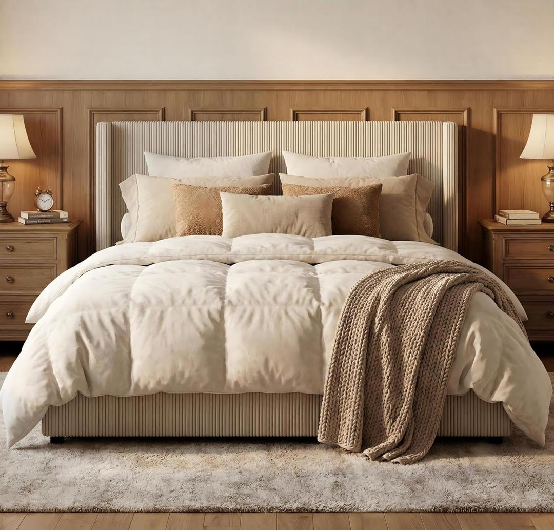 GarveeHome Queen Size Bed Frame with Storage Drawers, Corduroy Upholstered Platform Bed with Wingback and Tufted Headboard, No Box Spring Needed, Beige