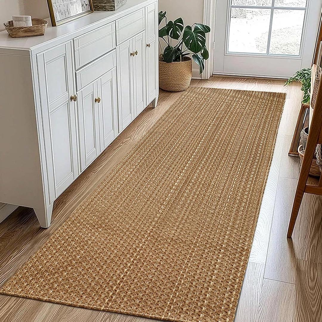 Runner Rug – Boho 2x5 ft Hallway Runner Rug,Braided Design Neutral Entryway Rug with Rubber Backing,Tan Brown,Machine Washable,Solid Faux Jute Rug,for Bedroom,Bathroom,Non-Slip