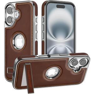 PULOKA for iPhone Leather Covered Phone Case with Kickstand Phone Cases (Brown, iPhone 16)
