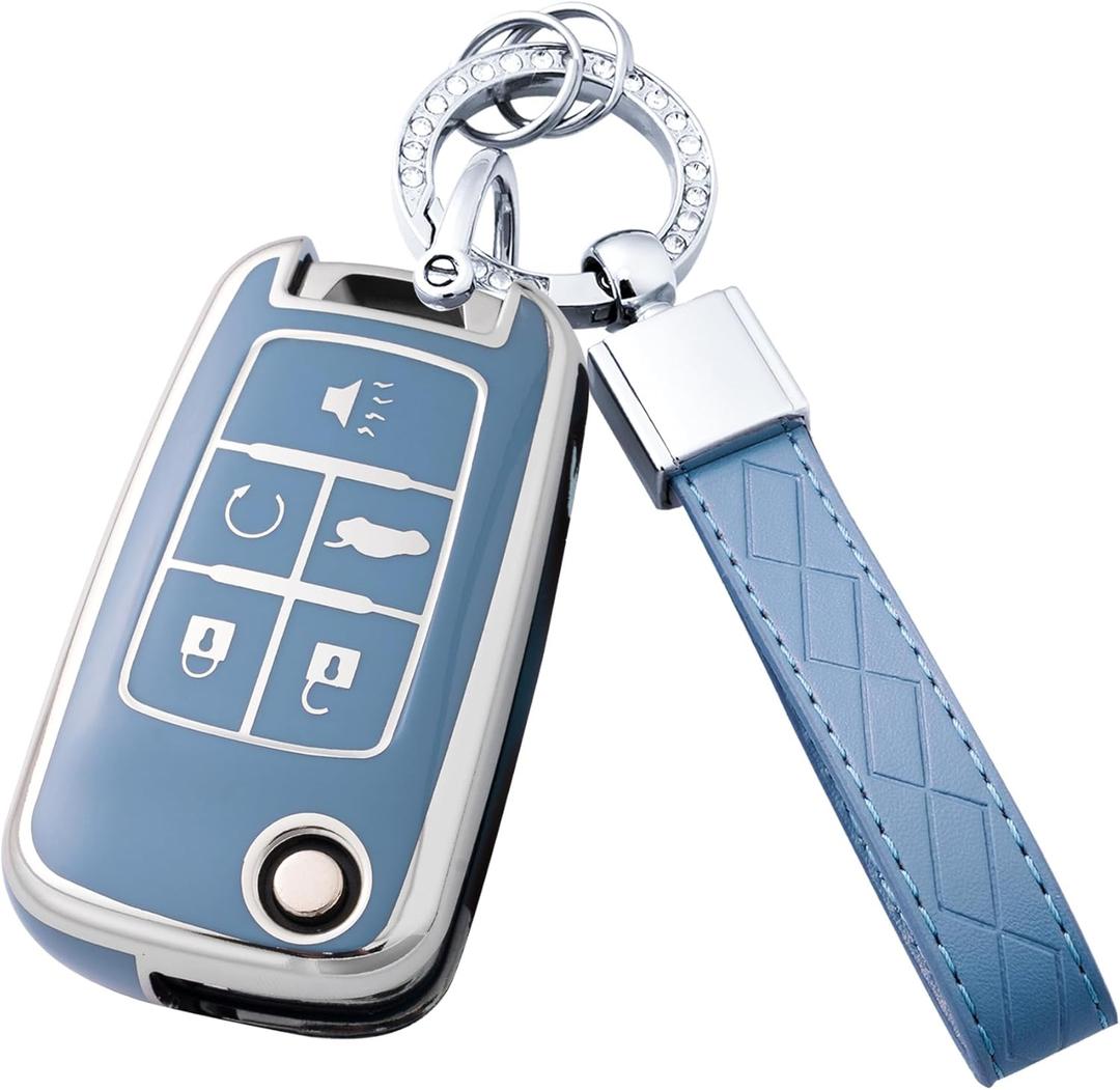 Key Fob Cover with Keychain for Buick Encore Camaro Equinox Impala Sonic Trax GMC Terrain Flip (Blue)