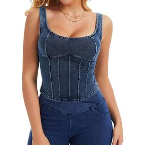 Denim Corset Top for Women Going Out Jean Crop Tank Top Trendy Sleeveless Slim Fit Workout Denim Bustier Large Light Blue Size M