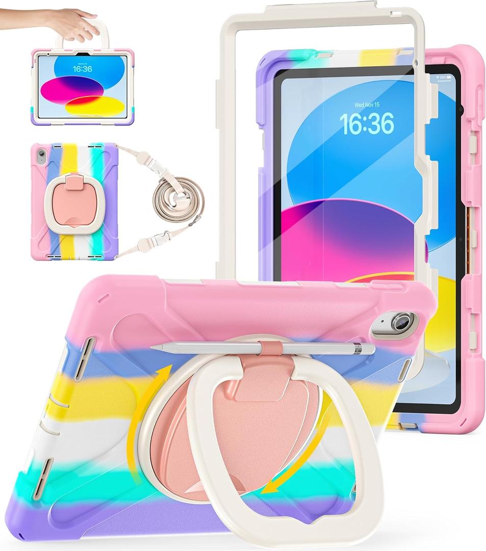 BATYUE Case for iPad (A16) 11th/10th Gen 11''/10.9'' - Heavy Duty Shockproof Cover for Kids with 360 Rotating & 180 Folding Stand, Screen Protector, Shoulder Strap & Pencil Holder | Colorful Pink