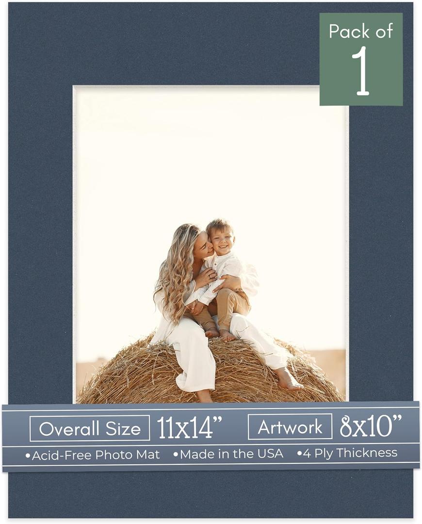 CountryArtHouse 11x14 Precut Picture Frame Mats, White Core Bevel Cut, Acid Free 4-Ply Mat Board Fits 8x10 Photos, Professional Photo Mat Inserts for Frames & Gallery Wall, Navy Blue, 1 Pack
