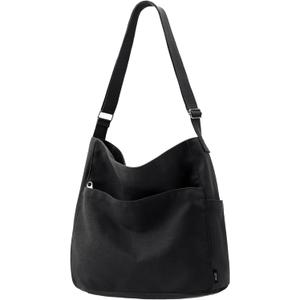KALIDI Canvas Tote Bag Large Hobo Crossbody Shoulder Handbag Zipper Messenger Bag for Women or Men Casual College Work (Black)