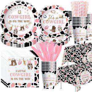 Xigejob Western Cowgirl Baby Shower Decorations Party Tableware, Wild West Rodeo Theme Little Cowgirl Baby Girl Table Decorations Supplies, Paper Plate, Cup, Napkin, Cutlery, Tablecloth, Serves 24