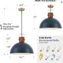 ELYONA 16 Large Ash Wood Pendant Light with Hammered Blue Metal & Brushed Brass Handle Large Pendant Light Fixtures Modern Dome Hanging Lamp for Kitchen Island, Dining Table, Bedroom, Hallway