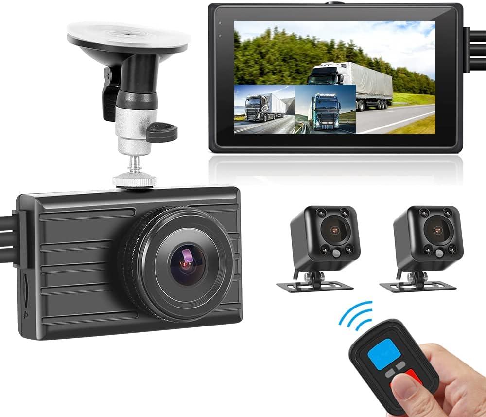 VSYSTO 3-Channel Car Dash Cam WiFi 3.0" Monitor Front 1080P w/HD Separated Side View IPX7 Waterproof IR Night Vision Cameras for Semi Truck Trailer Pickup(Wireless Remote/G-Sensor/Max 256GB Support)