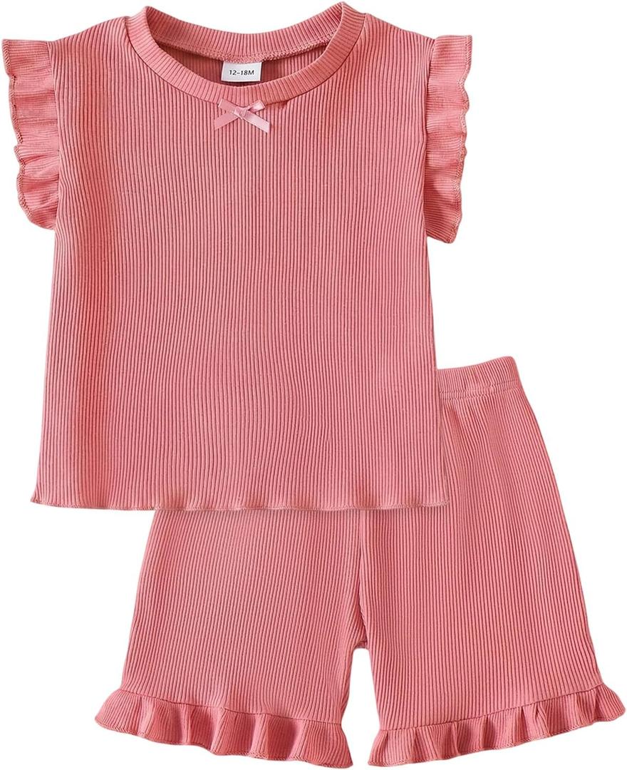 Baby Girl Clothes Toddler Summer Outfits Cute Ruffle Sleeveless Tops + Elastic Waist Shorts Set 2Pcs (Peach Pink), 2-3 Years Old
