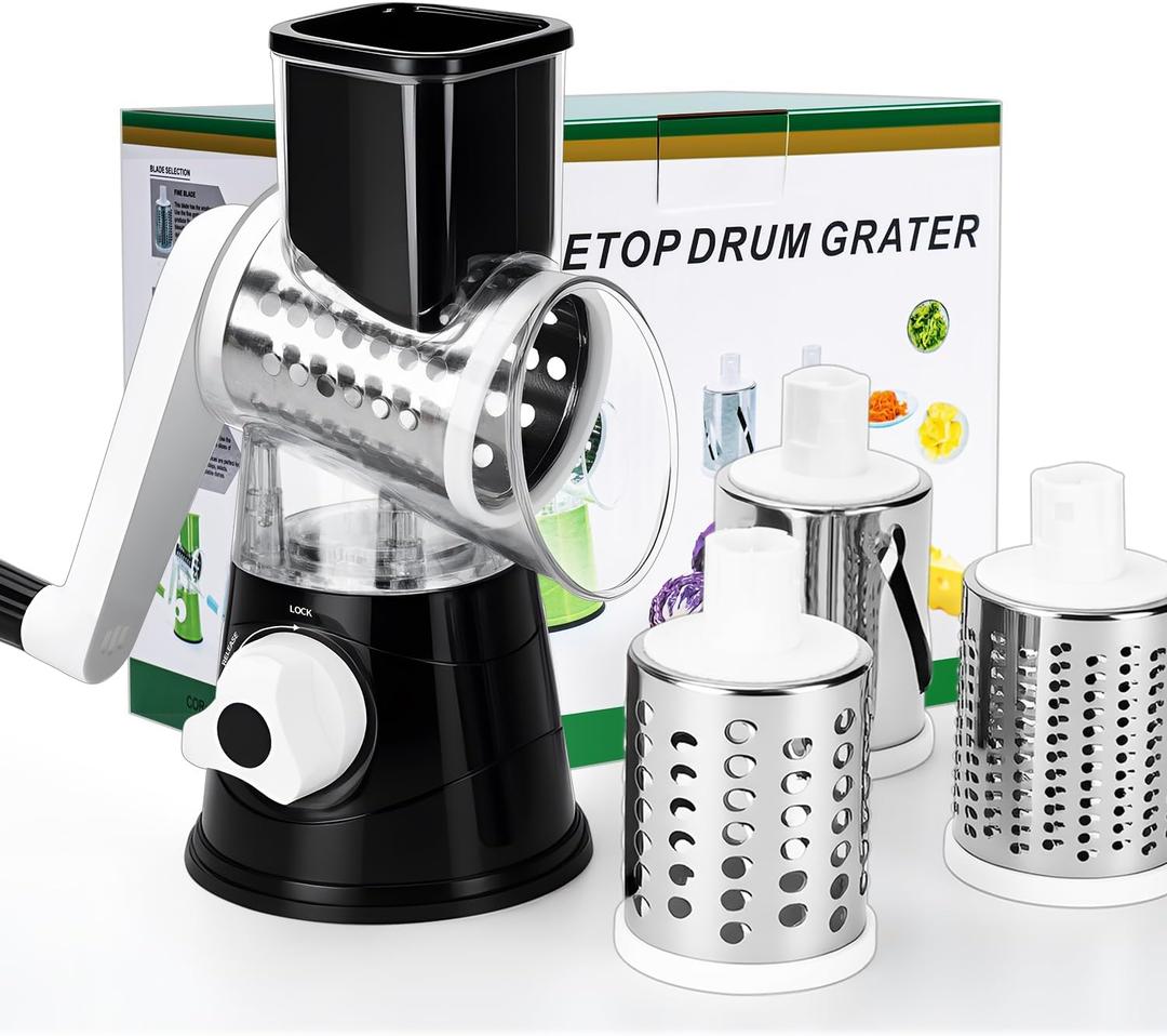 Rotary Cheese Grater Hand Crank Cheese Shredder with 3 Stainless Steel Blades, Rotary Grater, for Fresh Cheese, Vegetable, Nuts,Non-slip Suction Base, Black