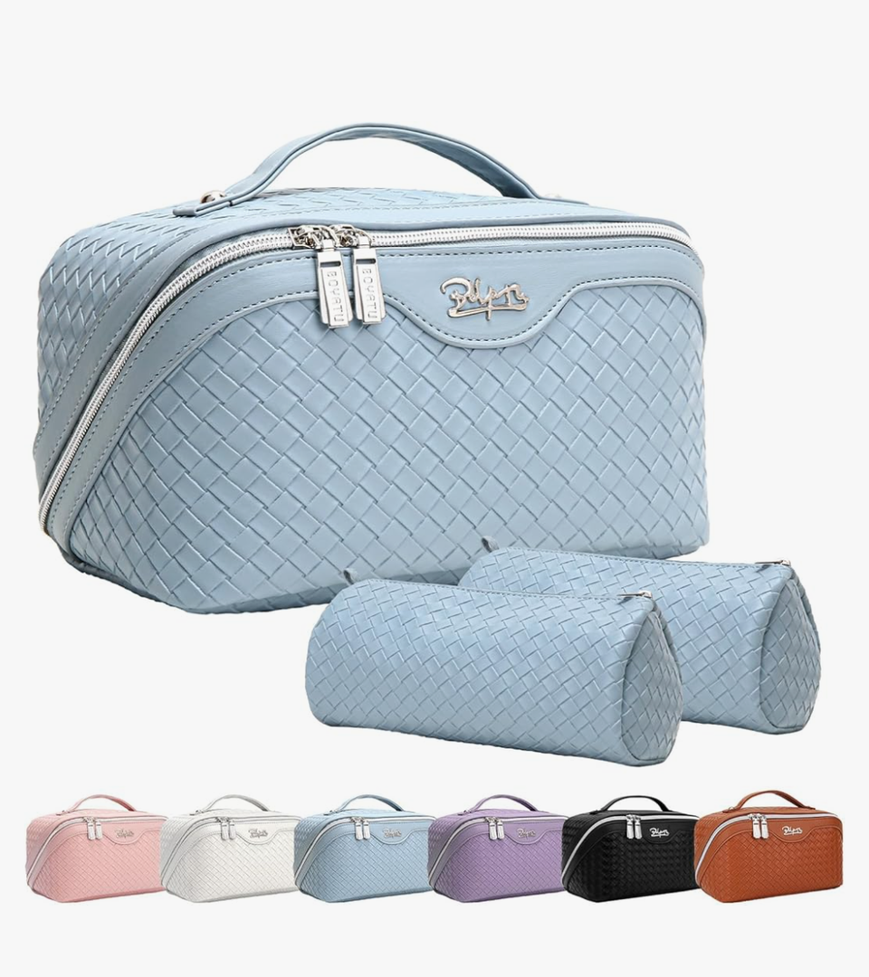 BOYATU Travel Makeup Bags for Women: Large Makeup Organizer - PU Leather Make up Bag Set of 3 - Portable Toiletry Bag with Compartments & Handle & Divider (L02 Light Blue)